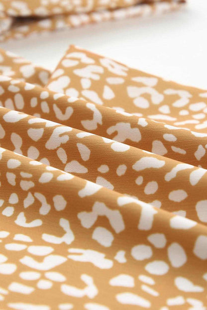 Yellow Leopard Print Drawstring Ruffled Wrap V Neck Jumpsuit - Vesteeto