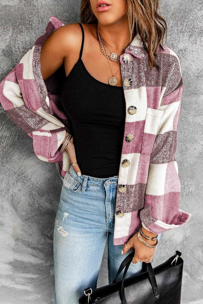 Plaid Color Block Buttoned Pocket Long Sleeve Shacket 