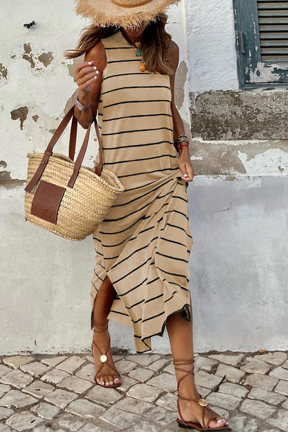 Khaki Striped Backless Casual Side Slits Maxi Dress