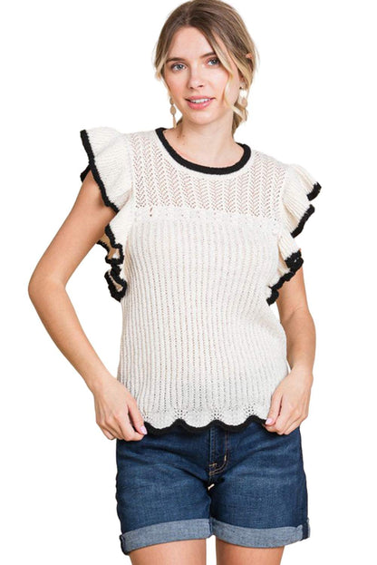 White Contrast Trim Ruffle Hollow Knit Tee