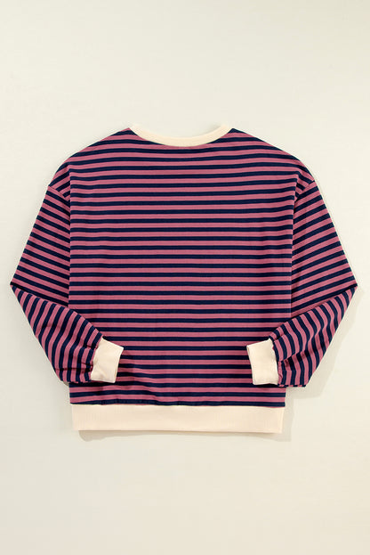 Blue Stripe Contrast Edge Cross Seam Oversized Pullover 