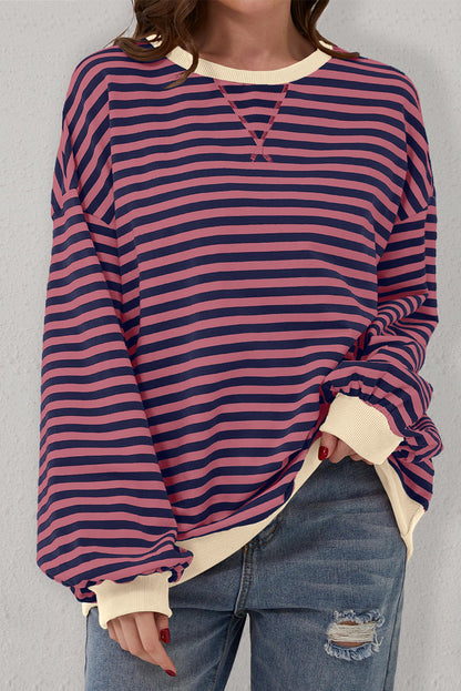 Blue Stripe Contrast Edge Cross Seam Oversized Pullover 