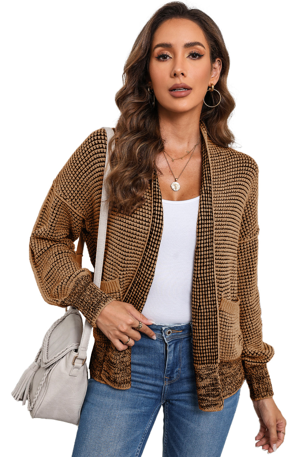 Brown Chunky Knit Pocketed Drop Sleeve Cardigan 