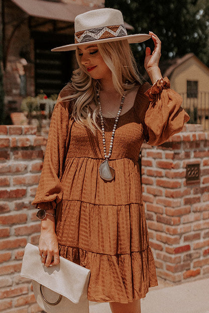 Brown Long Sleeve Smocked Tiered Boho Dress 