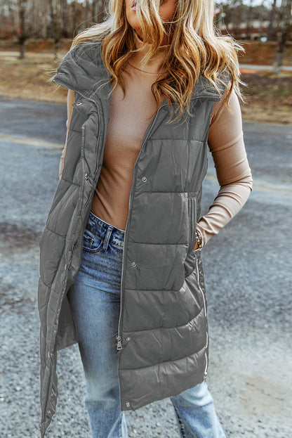 Dark Grey Hooded Pocketed Quilted Long Vest Coat 