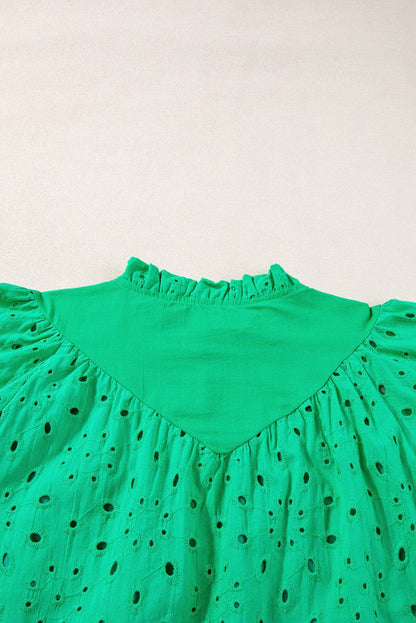 Green Flower Hollow-out Short Puff Sleeve Blouse 