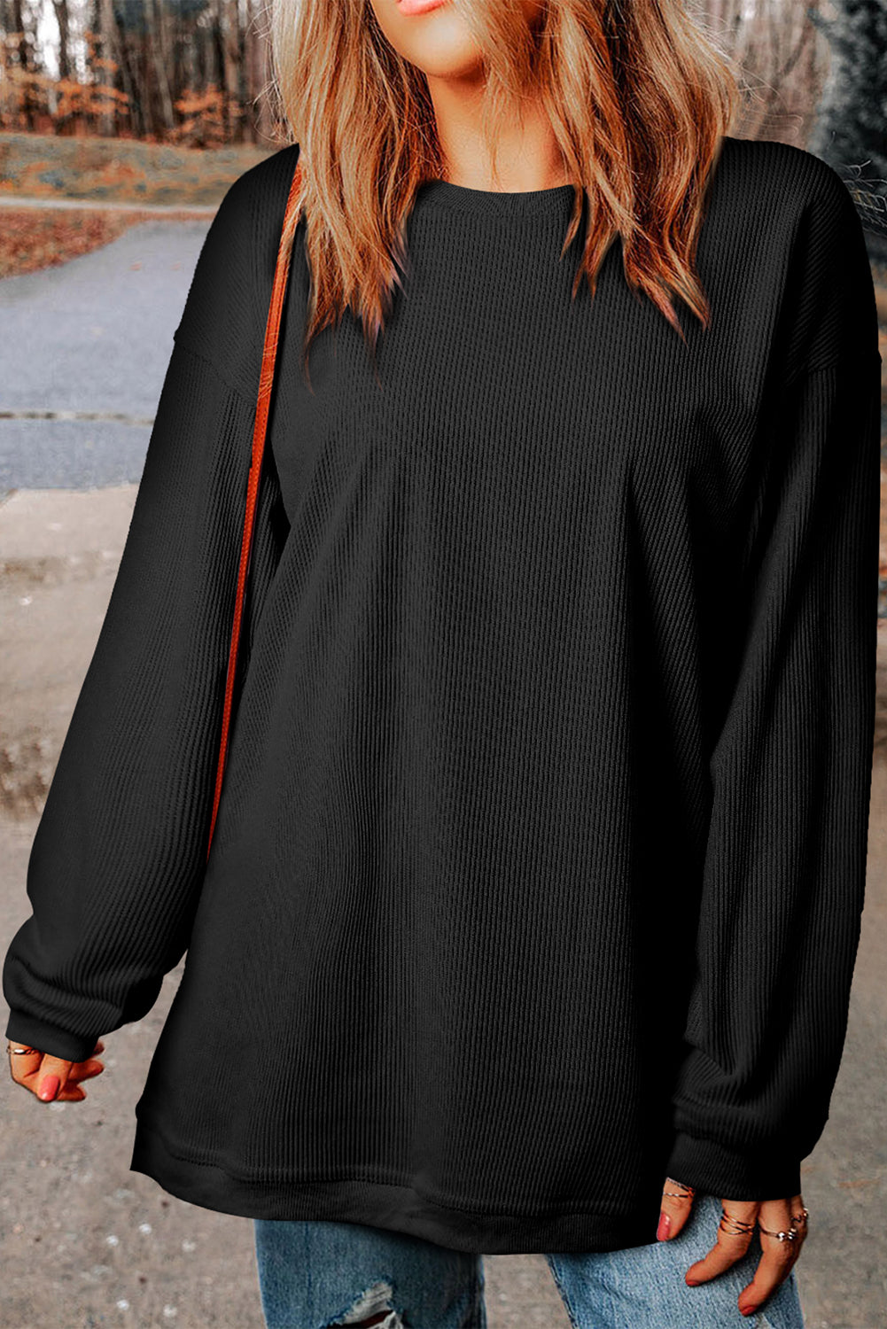 Orange Plain Drop Sleeve Crinkle Rib Oversized Sweatshirt 