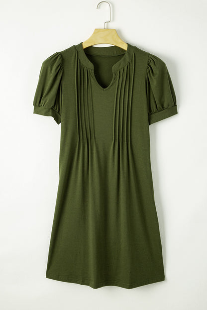 Fern Green Notched Neck Puff Sleeve Pleated T Shirt Dress 