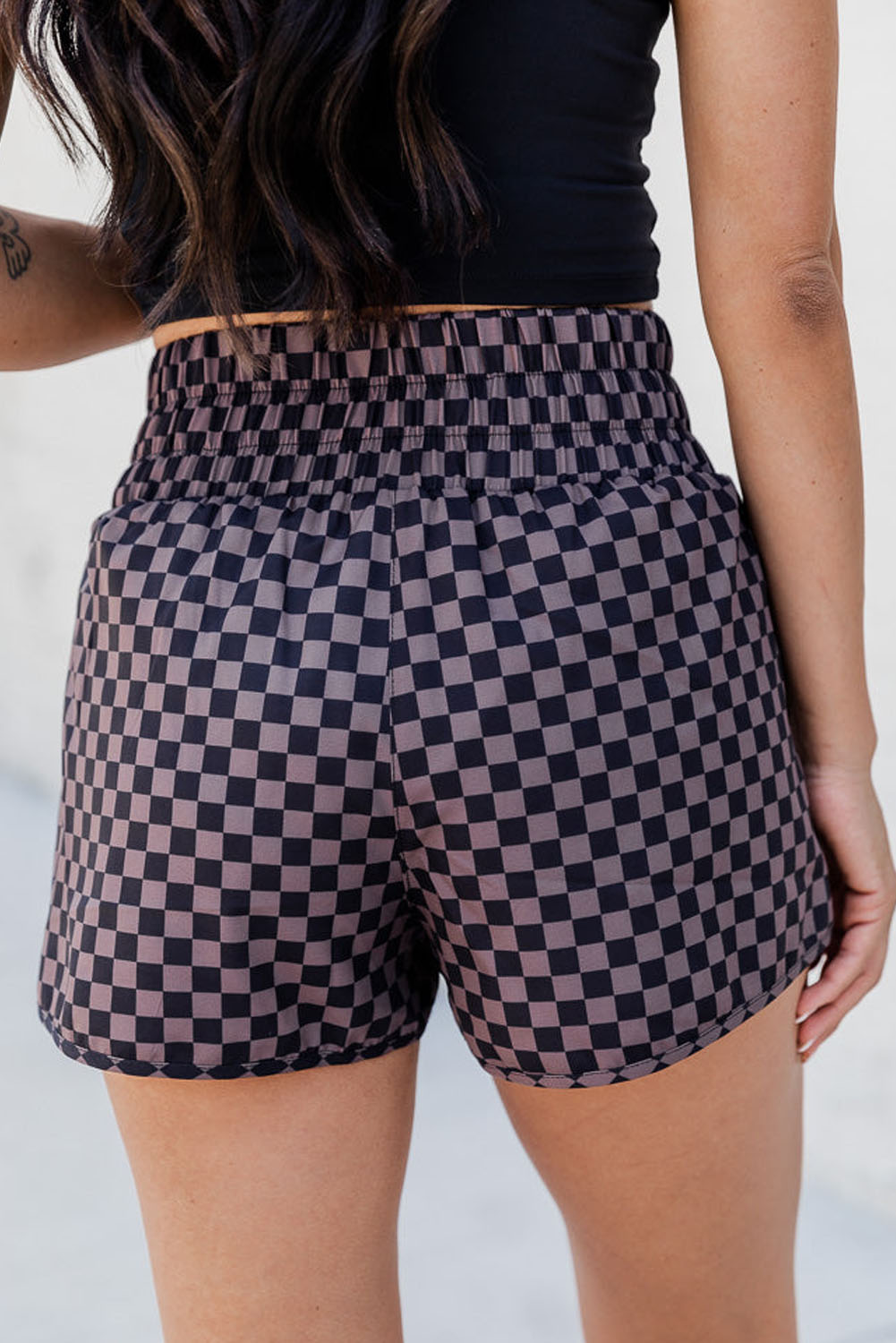 Pink Plaid Print High Waisted Athletic Shorts 