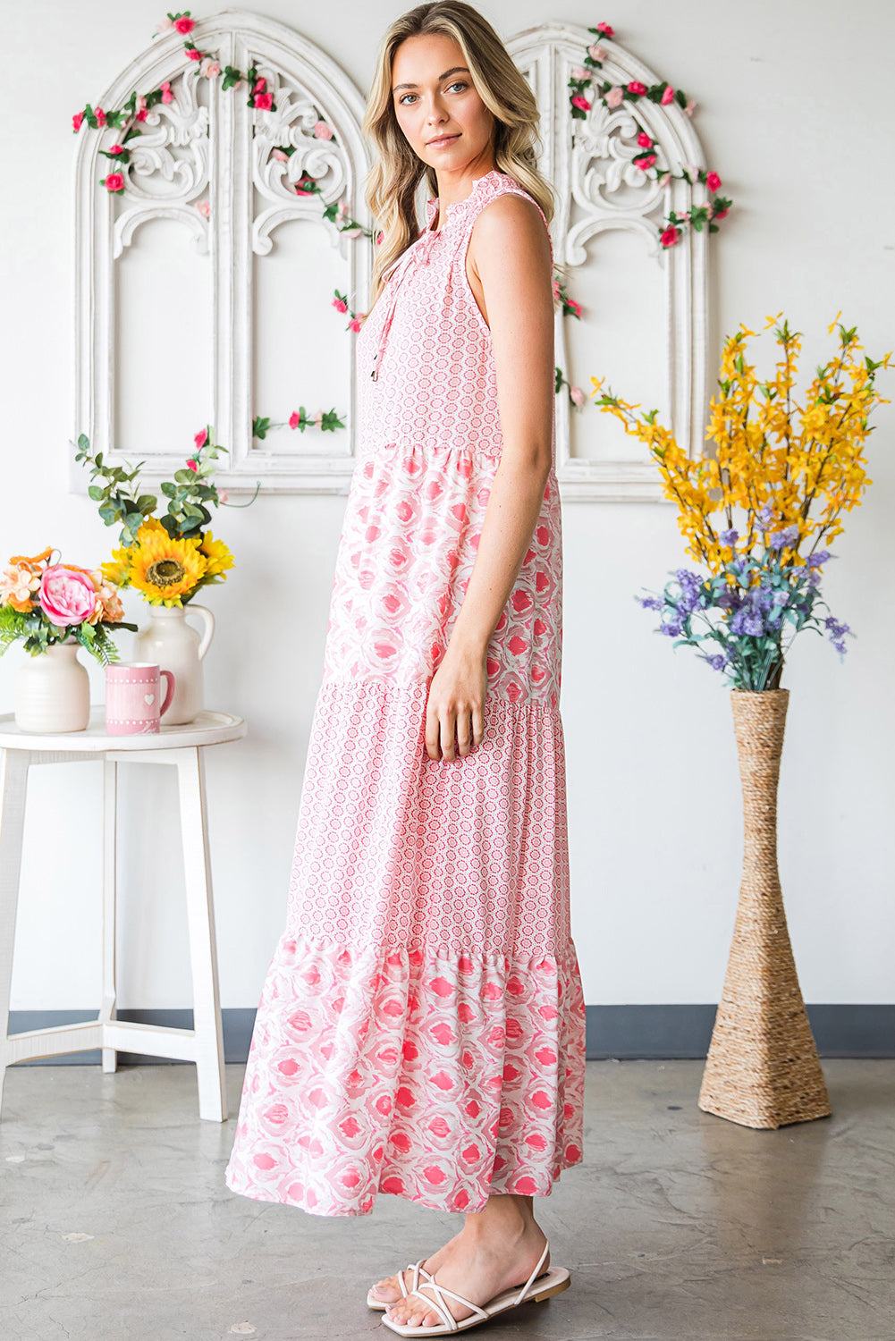 Pink Abstract Sleeveless V Neck Summer Tiered Dress 