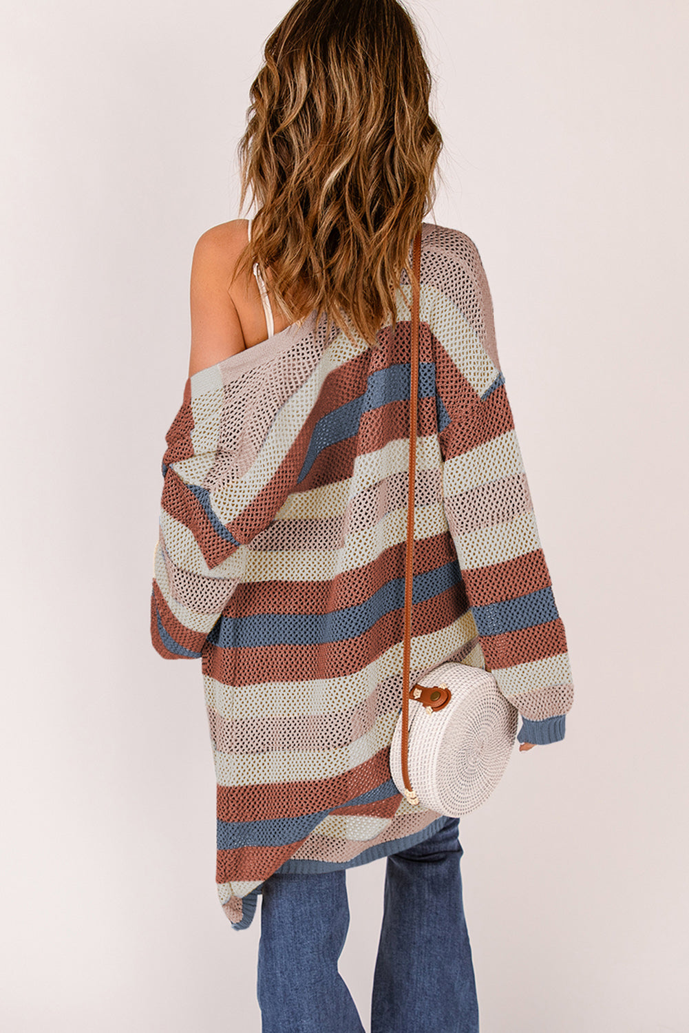 Green Striped Color Block Casual Cutout Knit Cardigan 