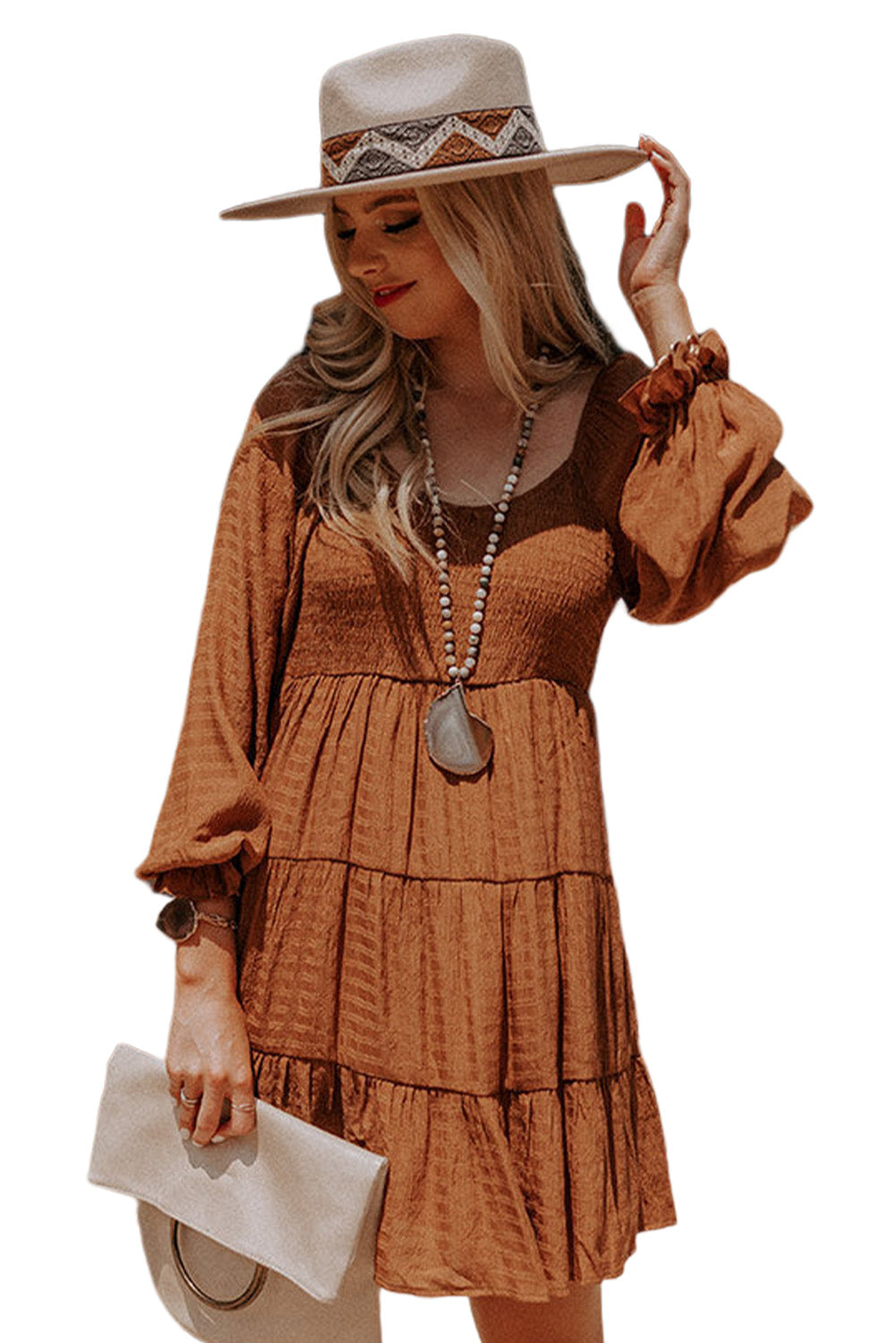 Brown Long Sleeve Smocked Tiered Boho Dress 