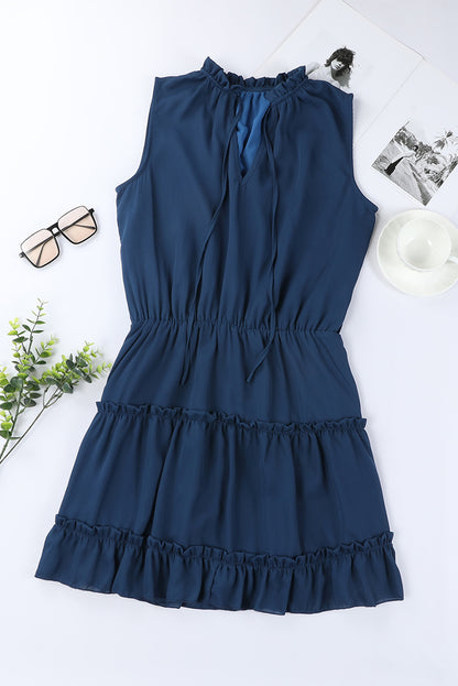 Blue Reversible Frill V Neck Sleeveless Swing Mini Dress 