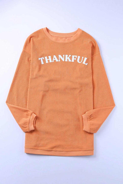 Orange Thanksgiving Thankful Casual Ribbed Corded Sweatshirt 