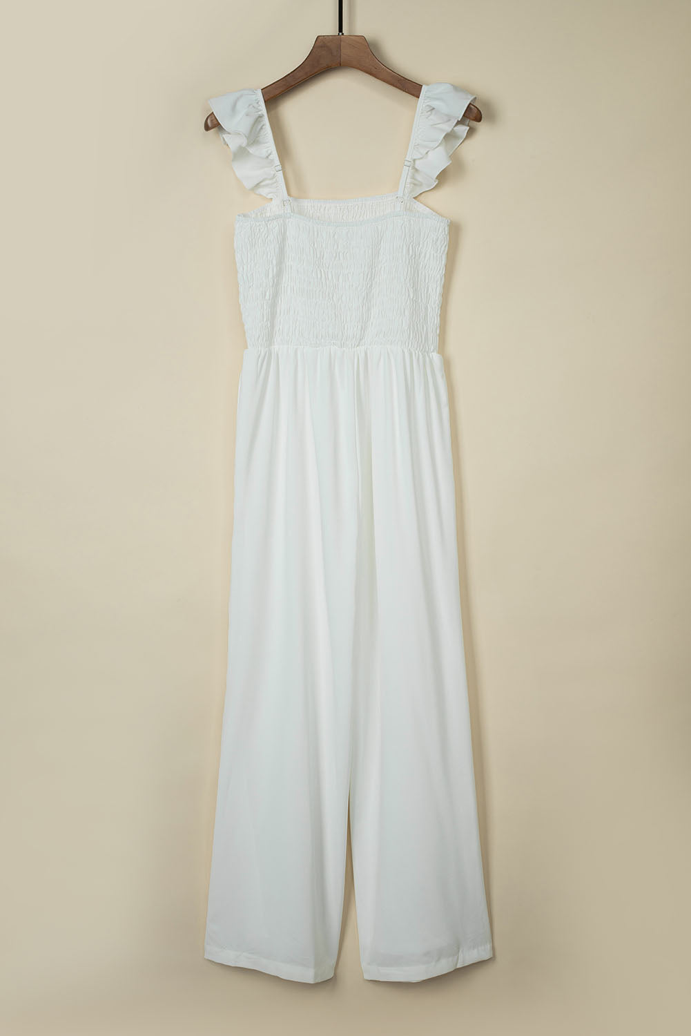 White Smocked Ruffle Strap Pocket Wide Leg Jumpsuit 