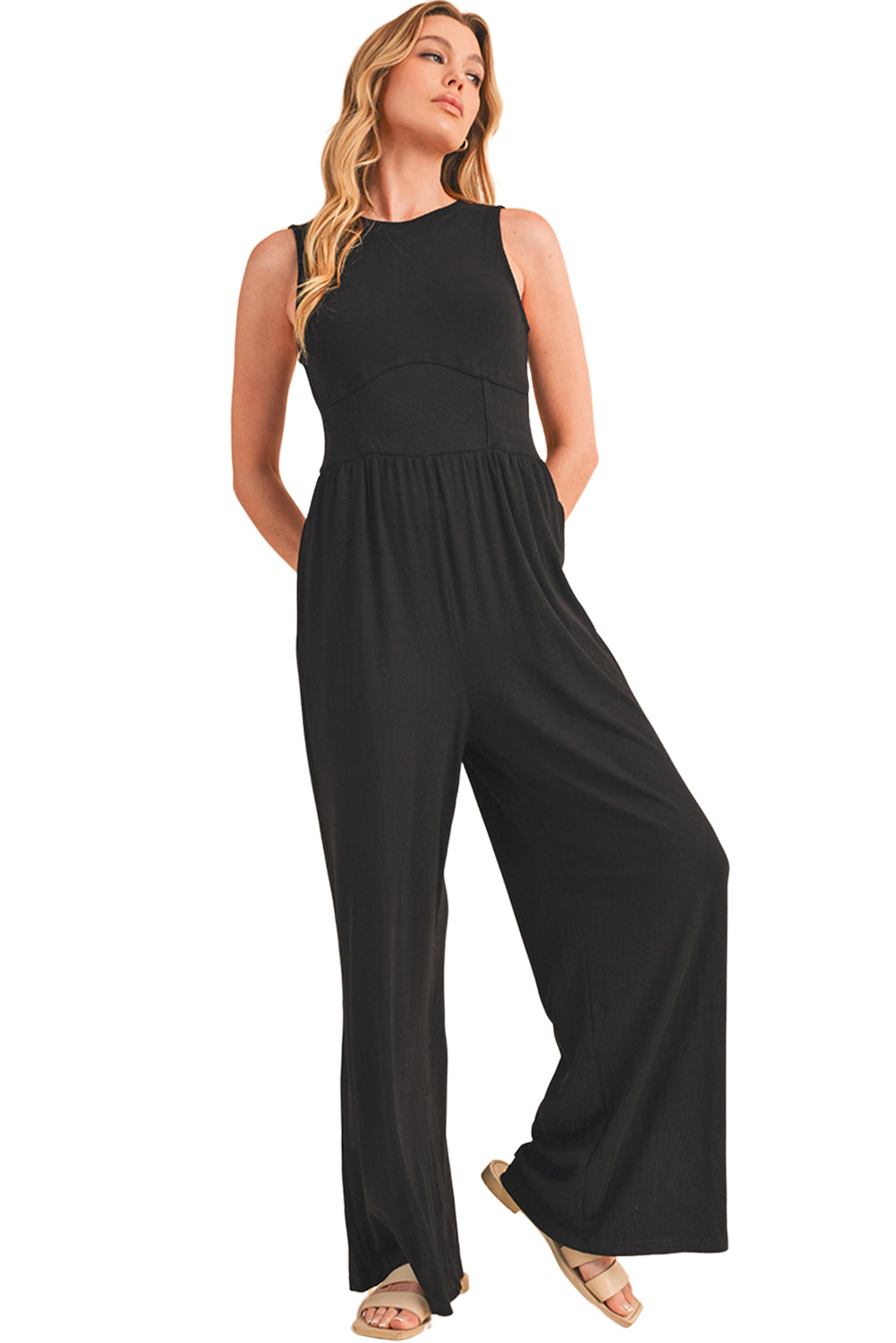 Black Sleeveless High Waist Wide Leg Jumpsuit 