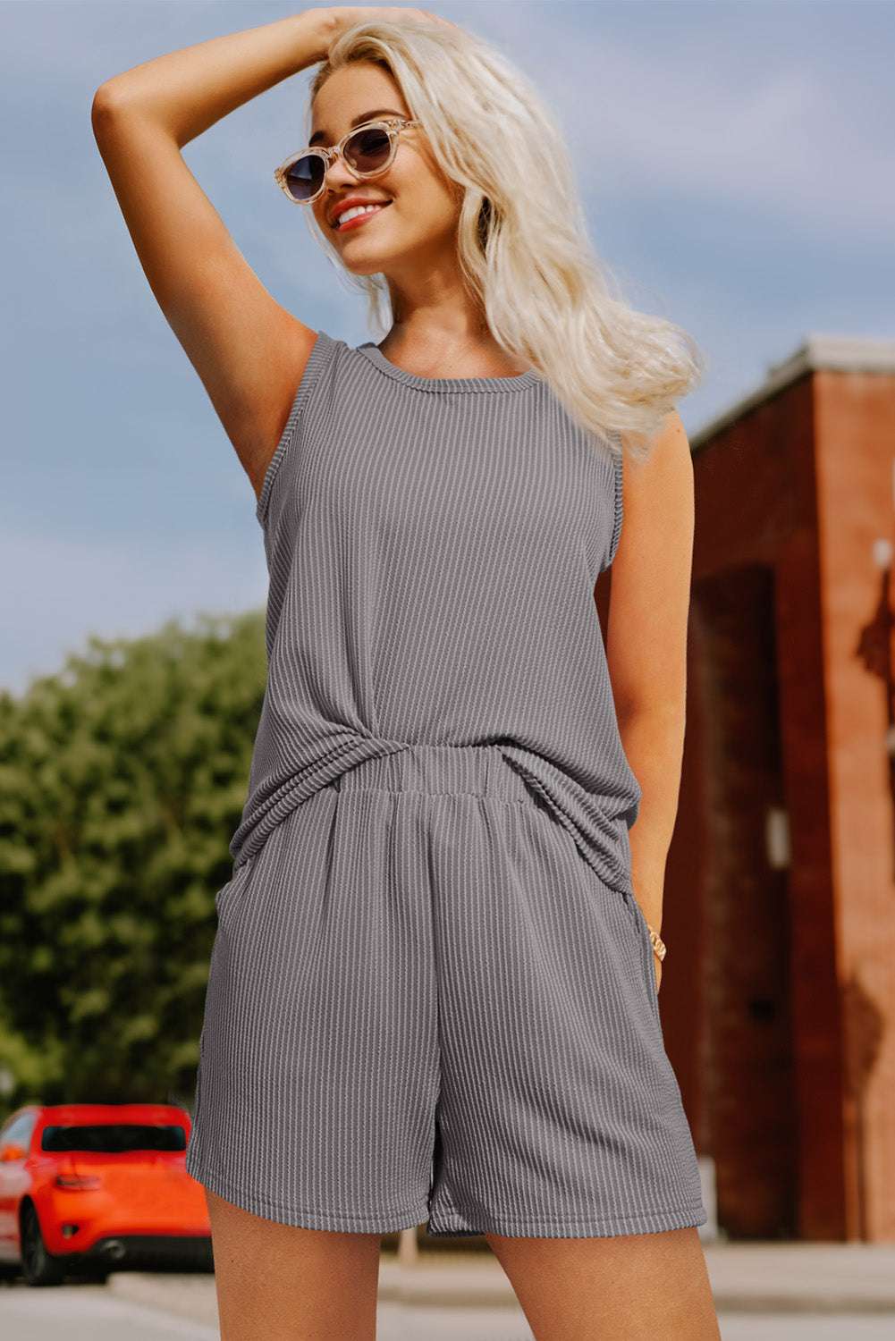 Smoke Gray Corded Tank Top and Pocketed Shorts Set 