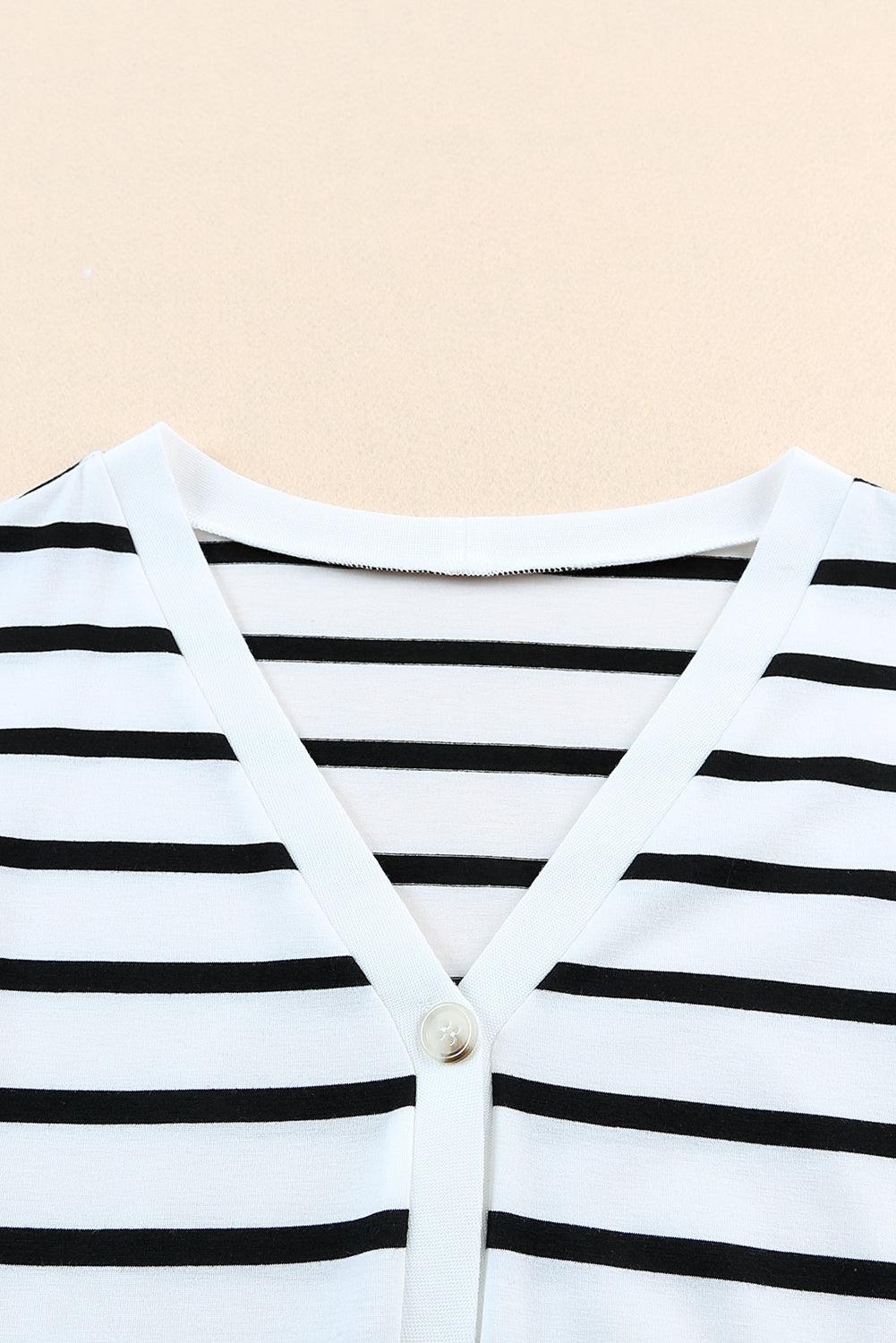 Striped Button Belted Casual V-Neck Midi Dress - Vesteeto