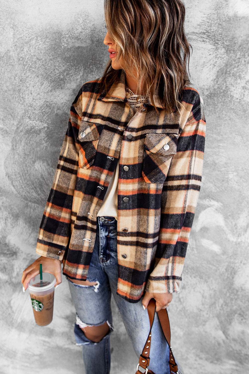 Brown Plaid Button Up Long Sleeve Flannel Shacket 