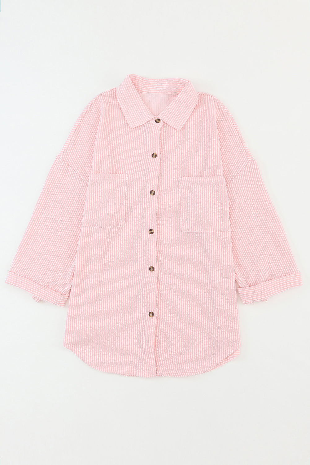Pink Solid Color Textured Roll Tab Sleeve Shirt Shacket