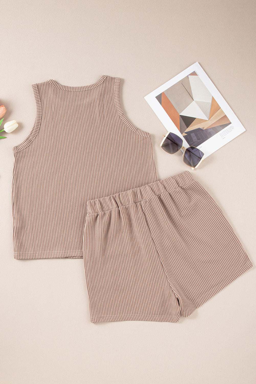 Smoke Gray Corded Tank Top and Pocketed Shorts Set 