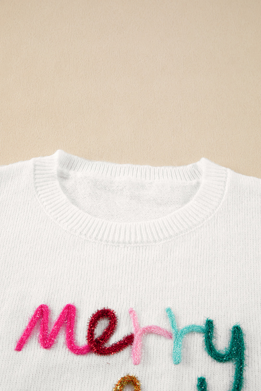 White Glitter Merry & Bright Round Neck Knit Sweater 