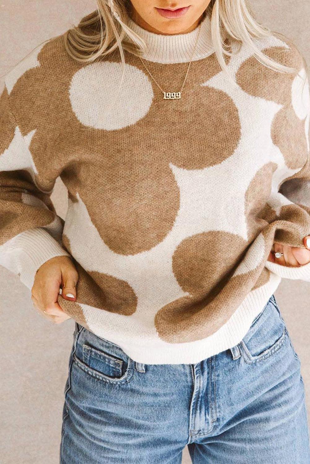 Khaki Floral Pattern Ribbed Trim Pullover Sweater - Vesteeto
