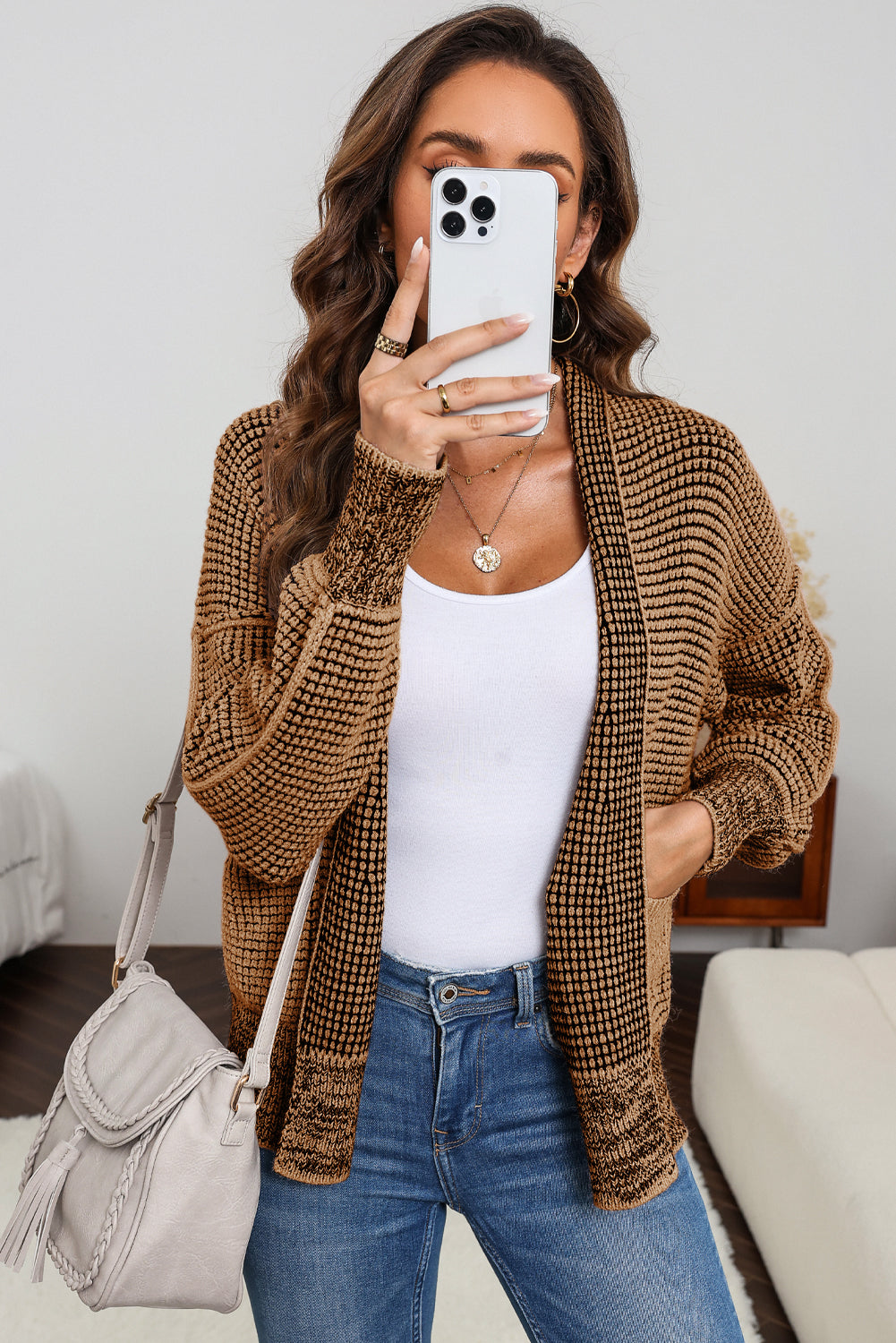 Brown Chunky Knit Pocketed Drop Sleeve Cardigan 