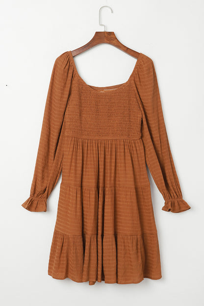 Brown Long Sleeve Smocked Tiered Boho Dress 