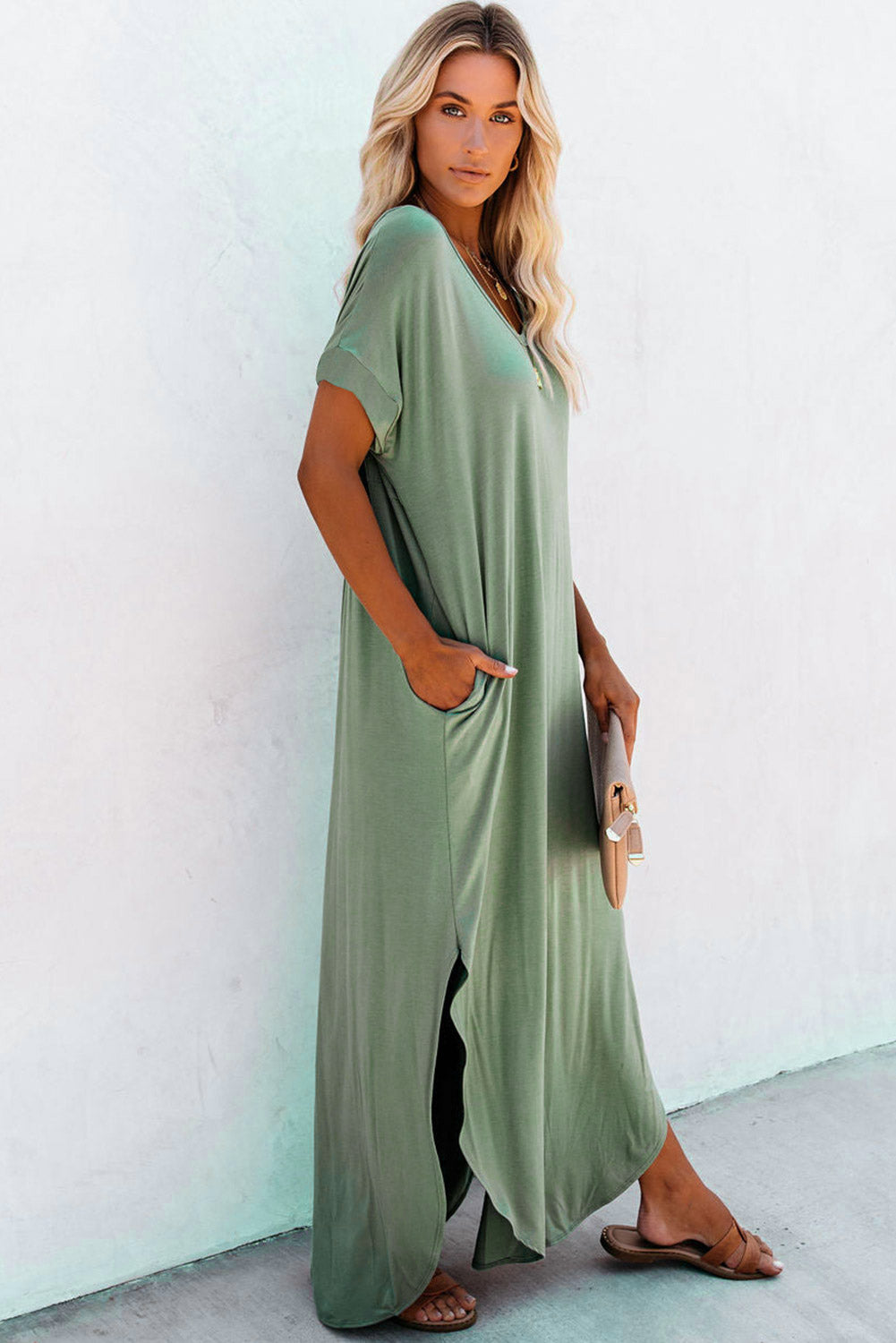 Grass Green Solid Color Hidden Pocket V Neck Slit Maxi Dress 