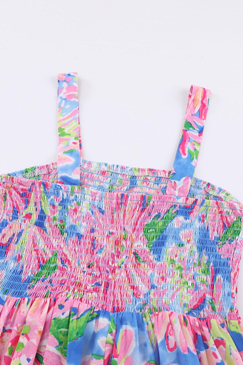 Pink Abstract Floral Painting Smocked Wide Leg Jumpsuit - Vesteeto