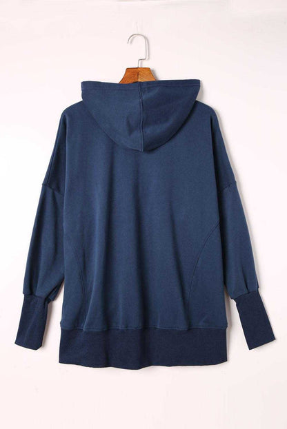 Light Blue Casual Batwing Sleeve Pocket Henley Hoodie 