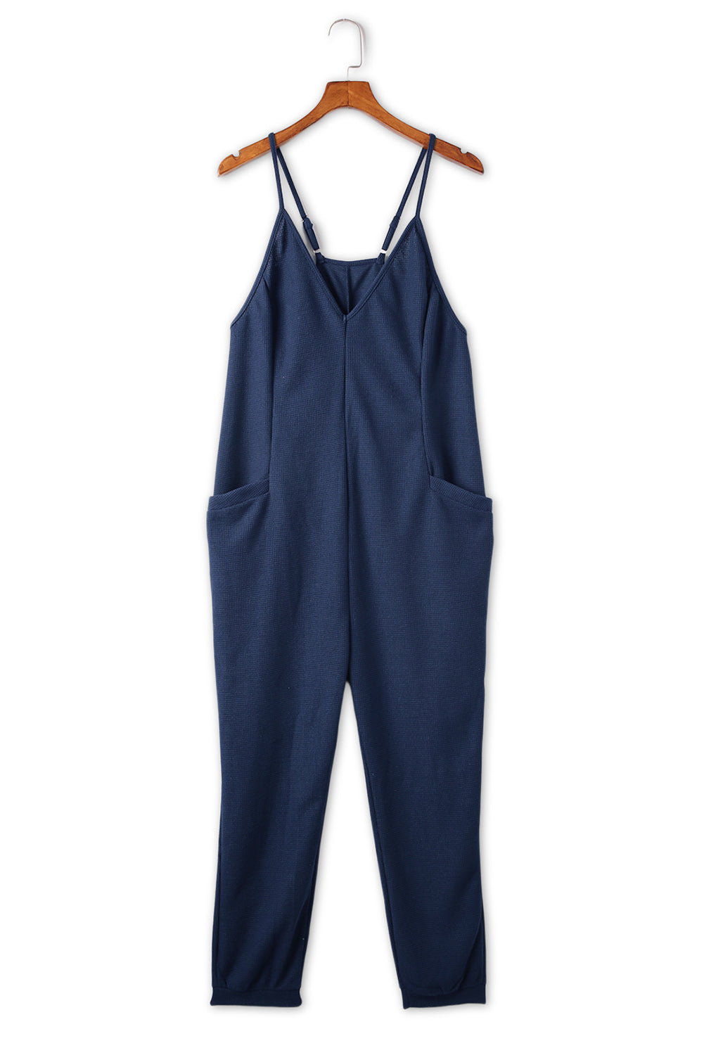 Blue Casual Textured Sleeveless V-Neck Pocketed Jumpsuit