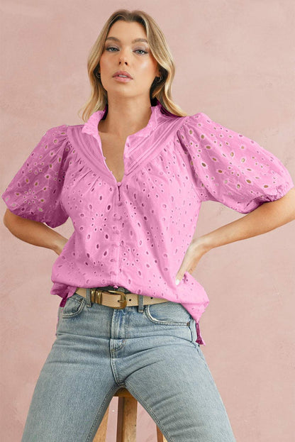 Green Flower Hollow-out Short Puff Sleeve Blouse 