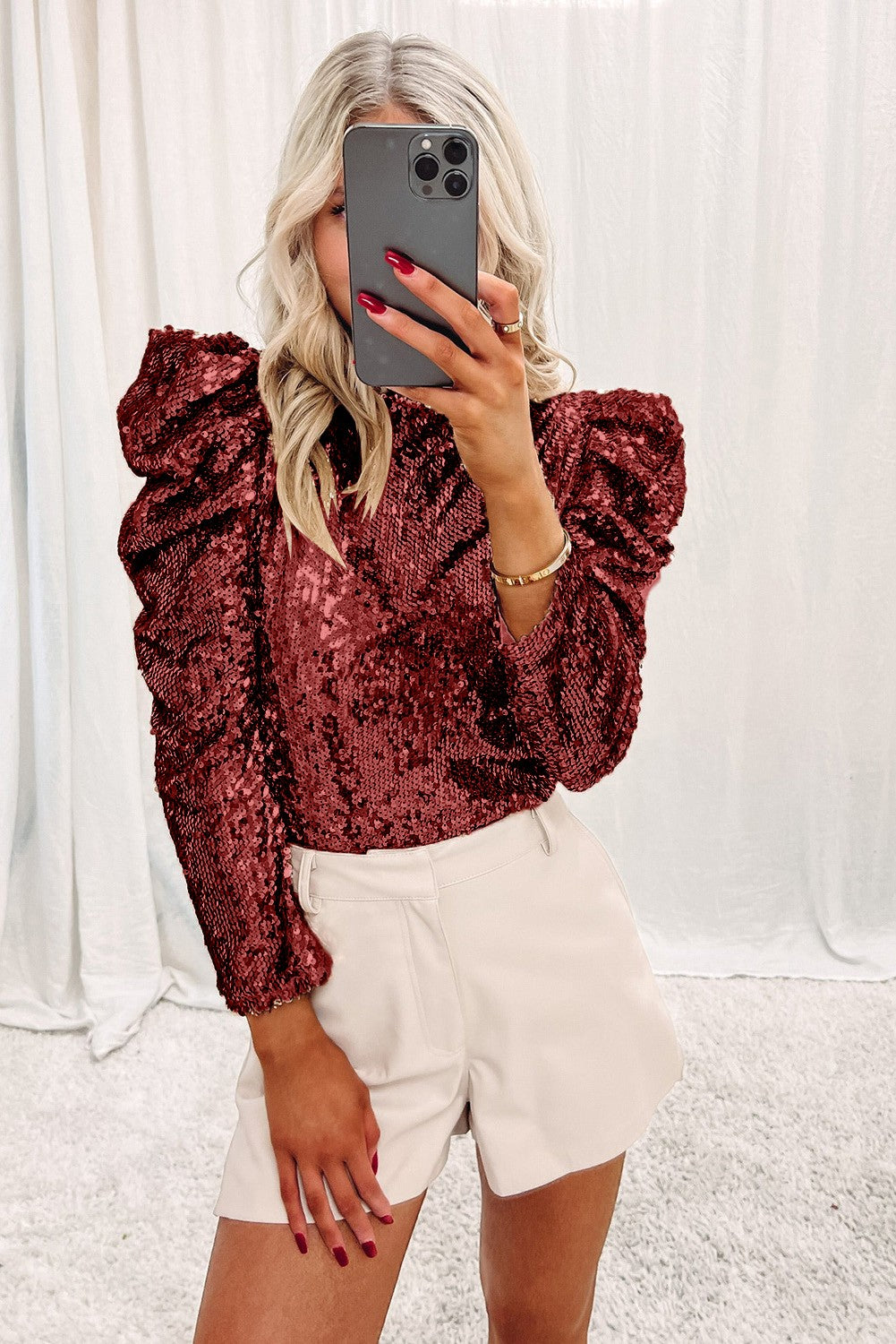 Apricot Sequin Mock Neck Ruched Puff Sleeve Top