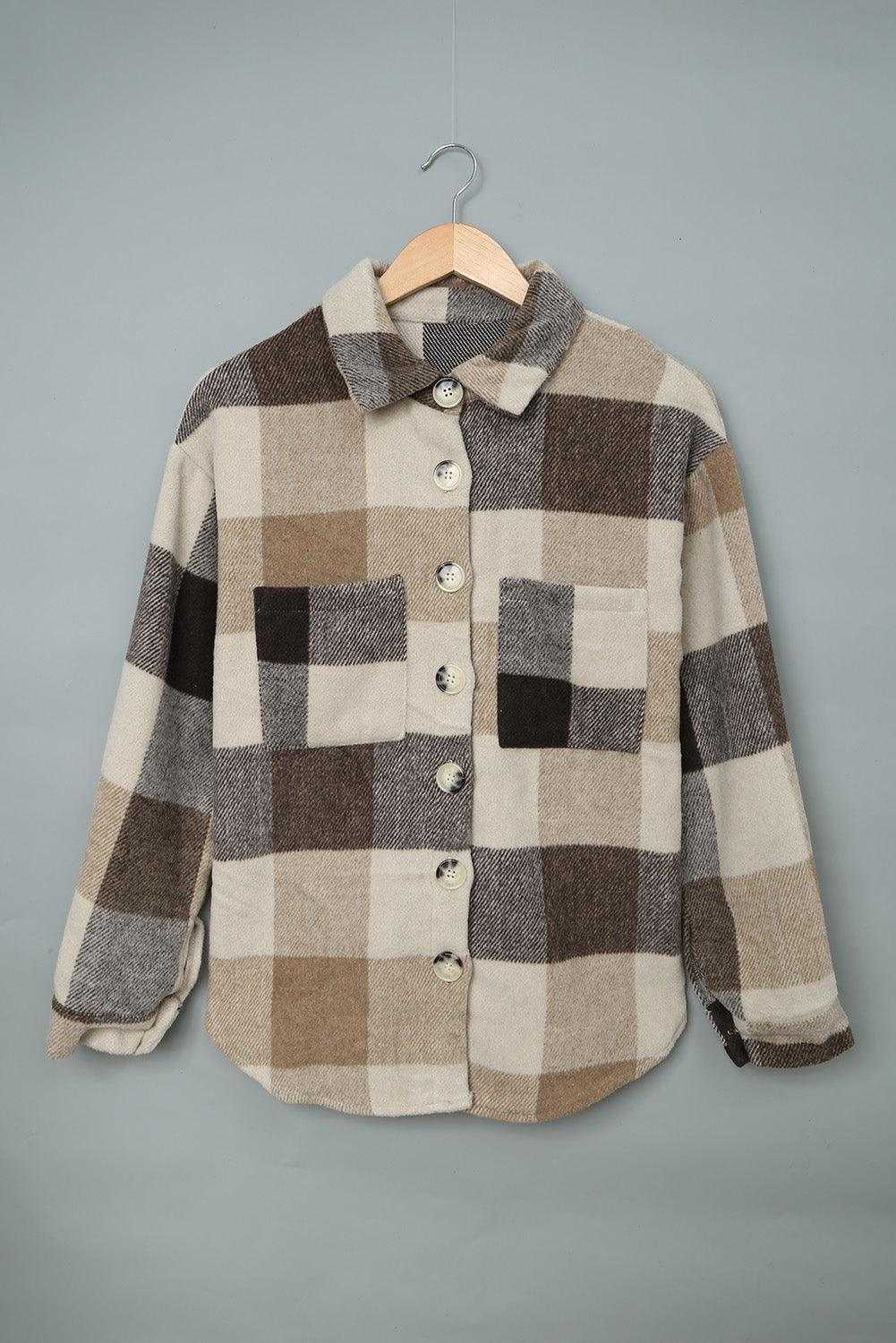 Plaid Color Block Buttoned Pocket Long Sleeve Shacket 