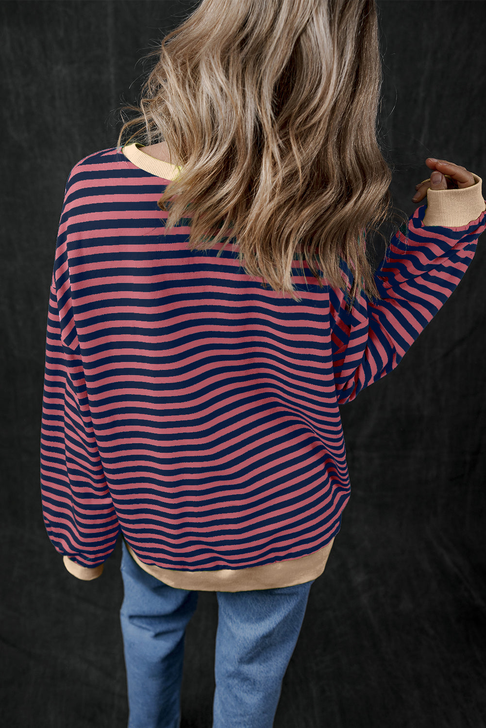 Blue Stripe Contrast Edge Cross Seam Oversized Pullover 