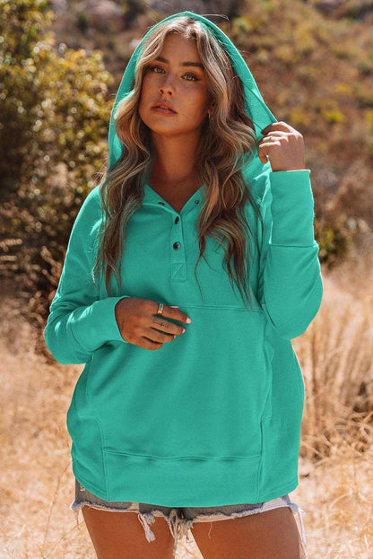 Light Blue Casual Batwing Sleeve Pocket Henley Hoodie 