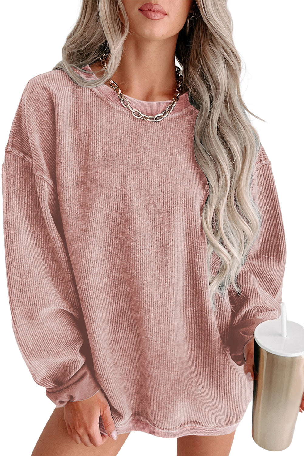 Pink Solid Ribbed Round Neck Pullover Sweatshirt 