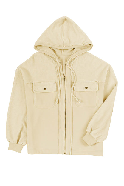 Green Flap Pockets Bishop Sleeve Zip Up Hoodie Jacket 