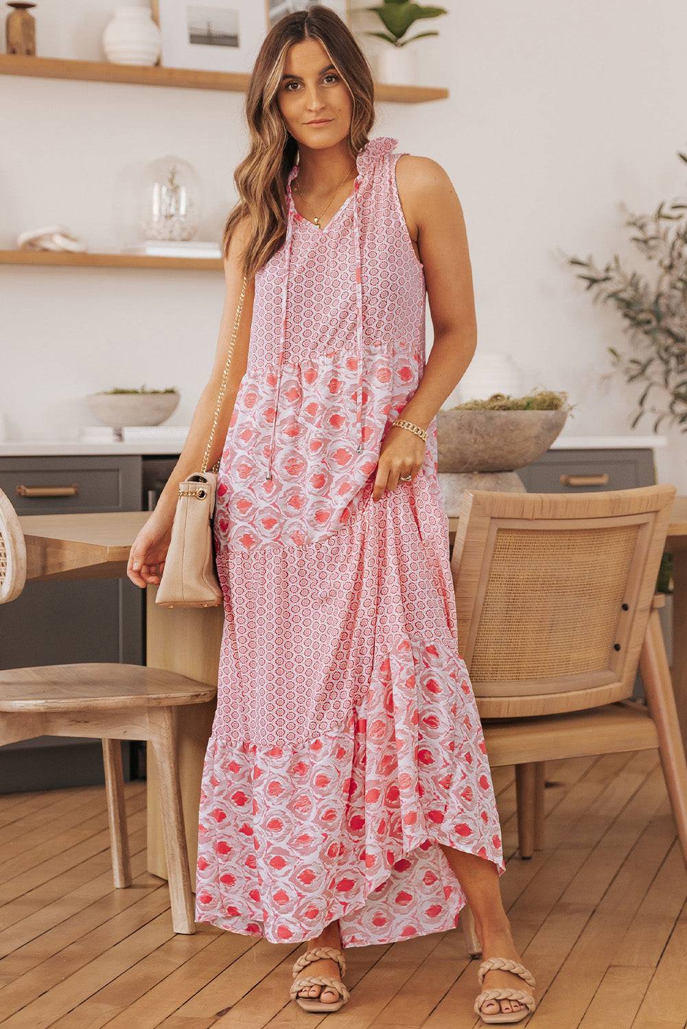 Pink Abstract Sleeveless V Neck Summer Tiered Dress 