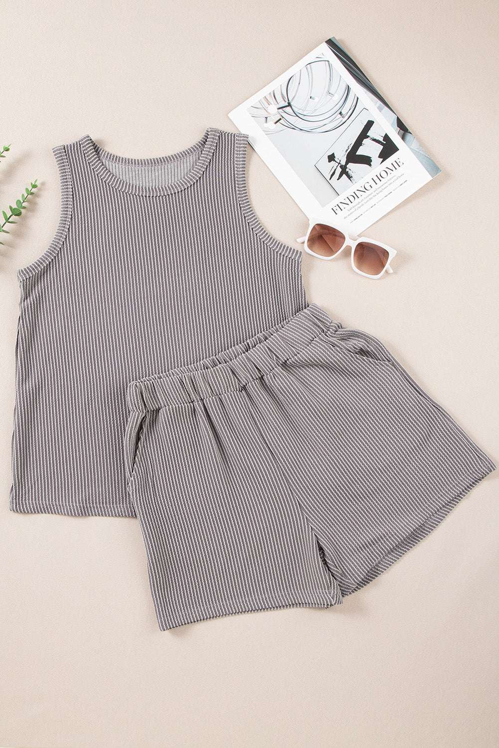 Smoke Gray Corded Tank Top and Pocketed Shorts Set 