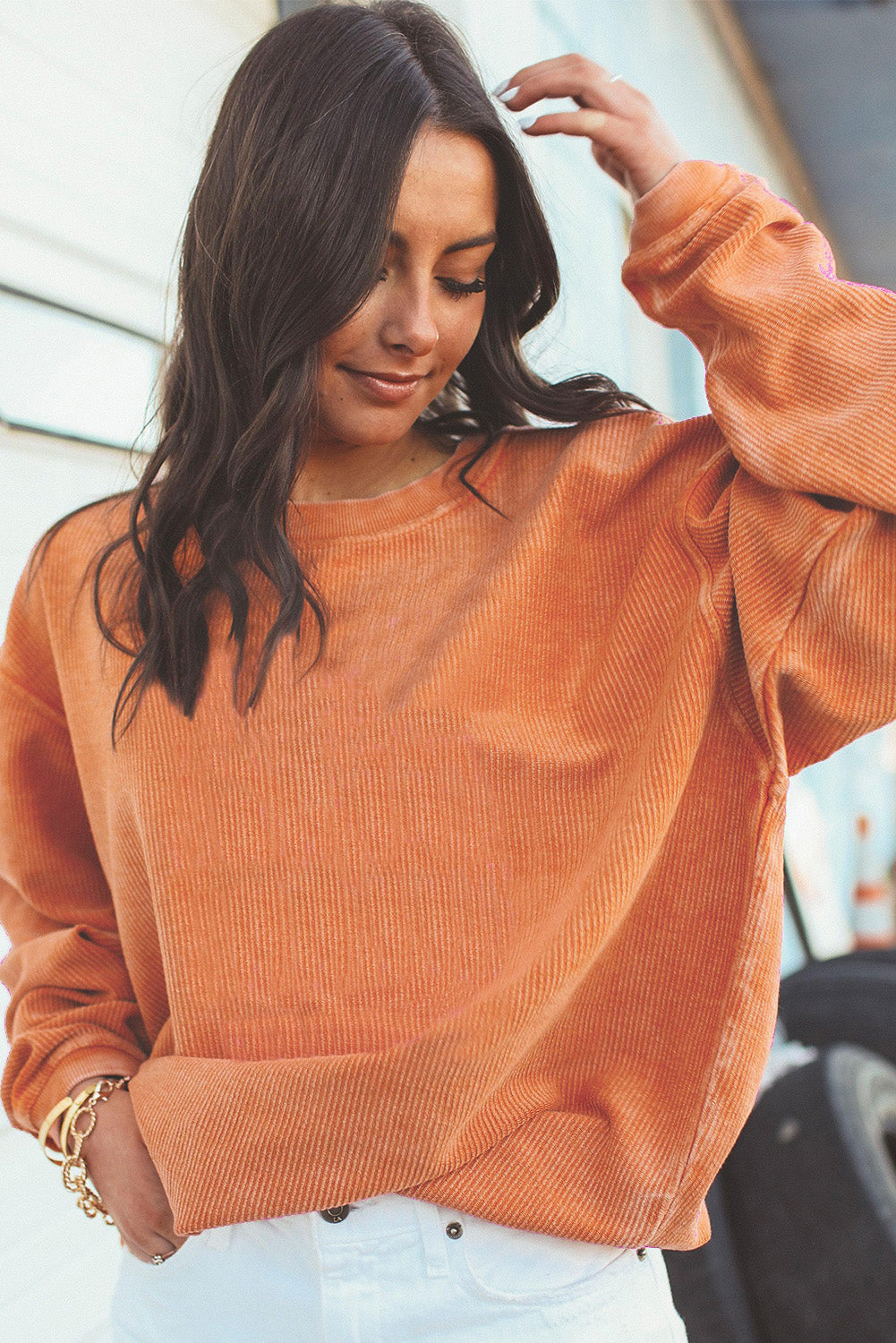 Orange Plain Drop Sleeve Crinkle Rib Oversized Sweatshirt 