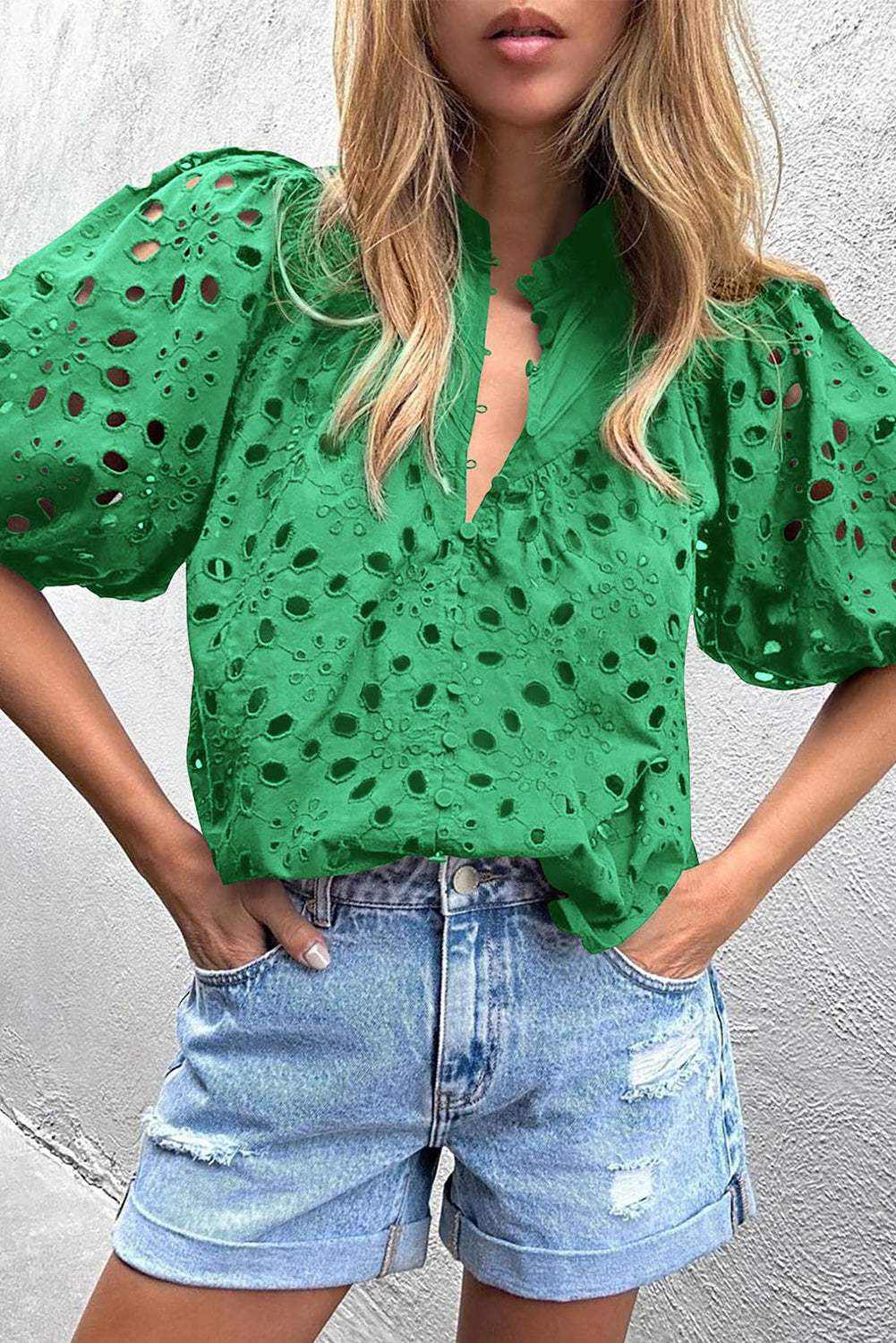 Green Flower Hollow-out Short Puff Sleeve Blouse 