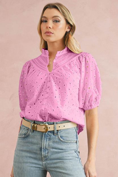 Green Flower Hollow-out Short Puff Sleeve Blouse 