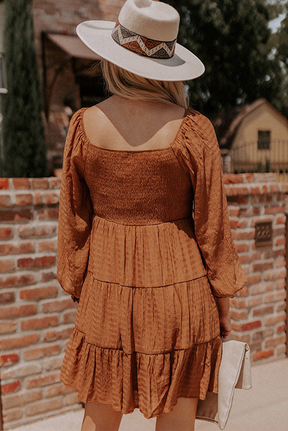 Brown Long Sleeve Smocked Tiered Boho Dress 