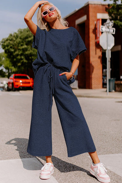 Navy Blue Textured Loose Fit T Shirt and Drawstring Pants Set 