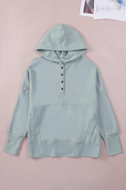 Light Blue Casual Batwing Sleeve Pocket Henley Hoodie 