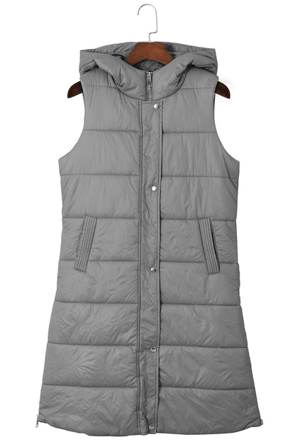 Dark Grey Hooded Pocketed Quilted Long Vest Coat 