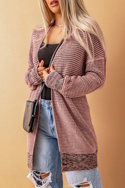 Pink Plaid Contrast Trim Casual Knit Long Cardigan 